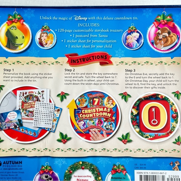 Disney 7 Day Christmas Countdown Personalized Surprise Book Tin NEW - Picture 3 of 4